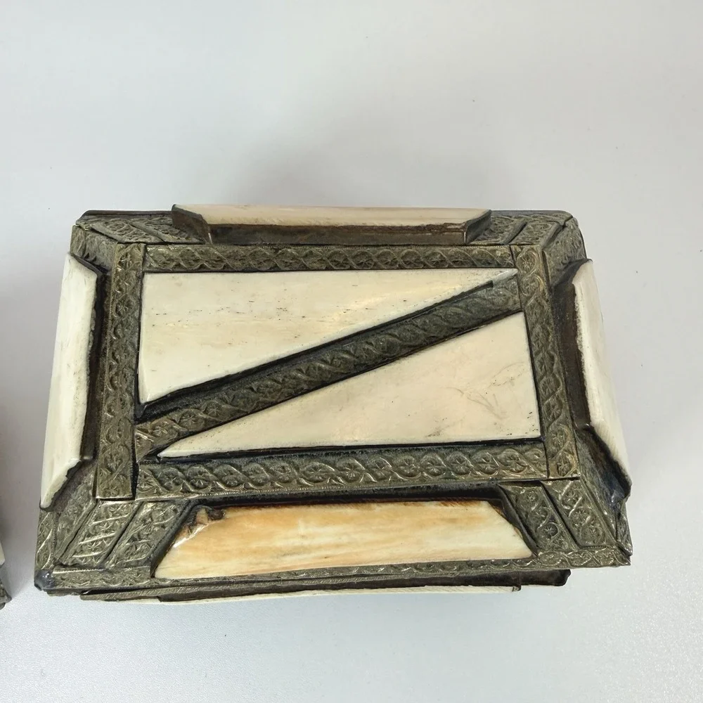 Antique Trinket Boxes Made Of Camel Bone And‎ Brass Set Of 2